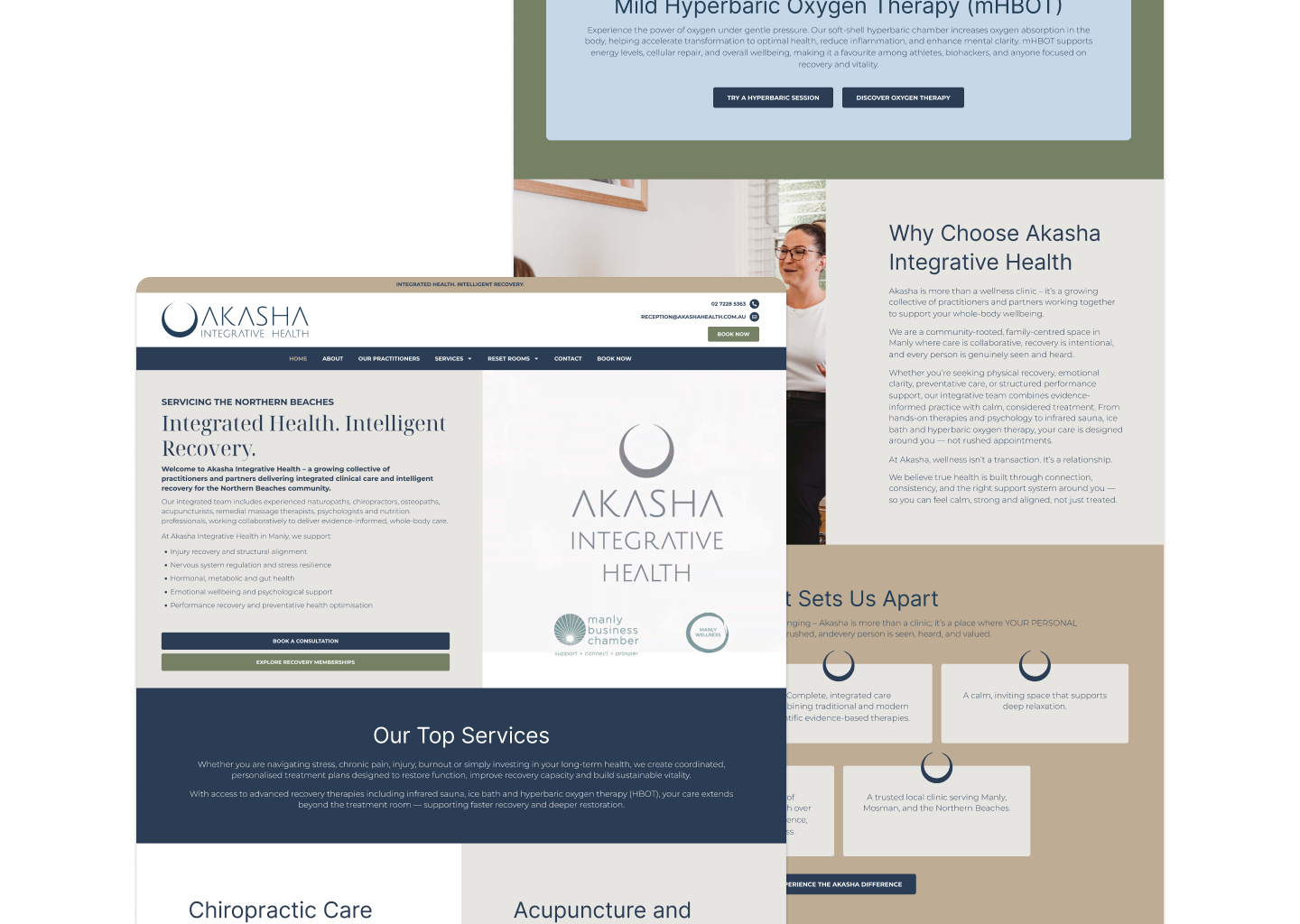 Collage of the Akasha Integrative Health website showing header, hero text, and multiple sections (Why Choose Akasha, top services).