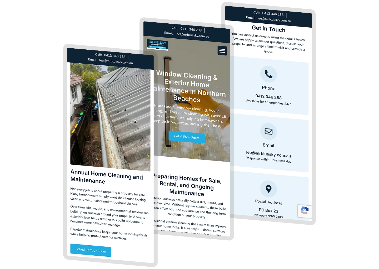 Three overlapping website screens for a cleaning company: left shows a roof cleaning image, center a window cleaning hero, right a 'Get in Touch' contact panel.
