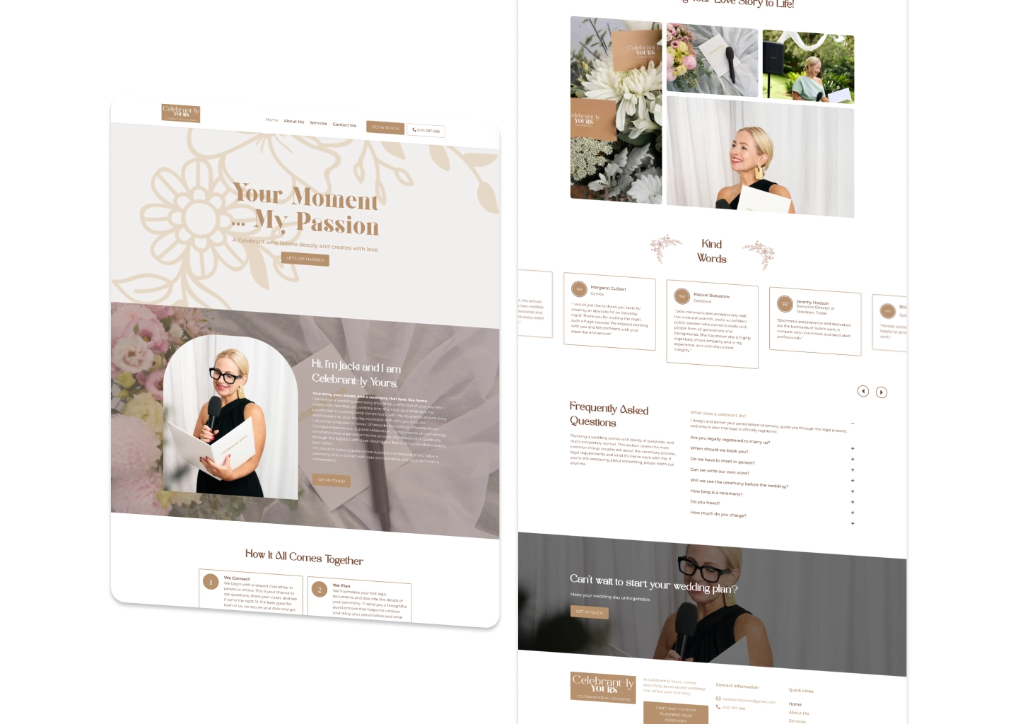 Two overlapping website mockups for a wedding celebrant, with floral beige background and a woman presenting in a cutout image on the left panel.