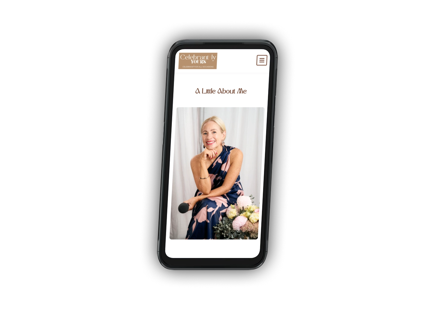 Smartphone displaying a 'A Little About Me' page featuring a photo of a smiling blonde woman in a floral dress holding a microphone with a bouquet nearby