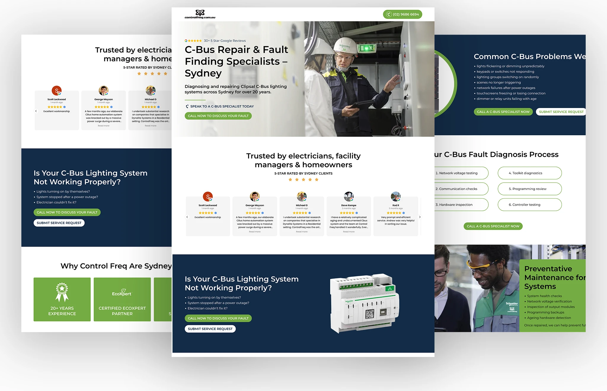 Hero collage for C-Bus repair specialists in Sydney, featuring a technician and green call-to-action buttons
