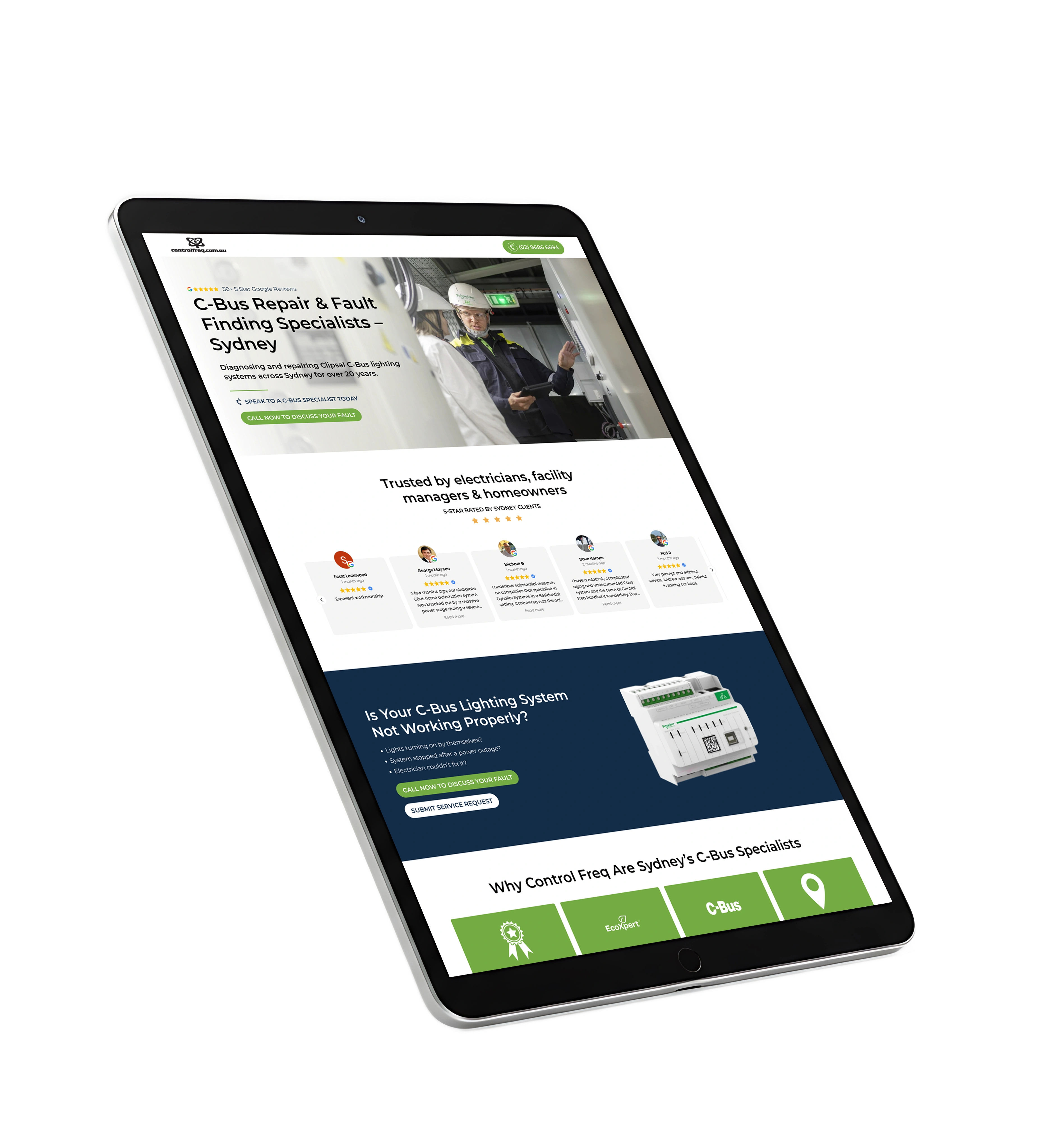 Tablet screen showing a C-Bus repair and fault-finding services webpage for Sydney professionals.