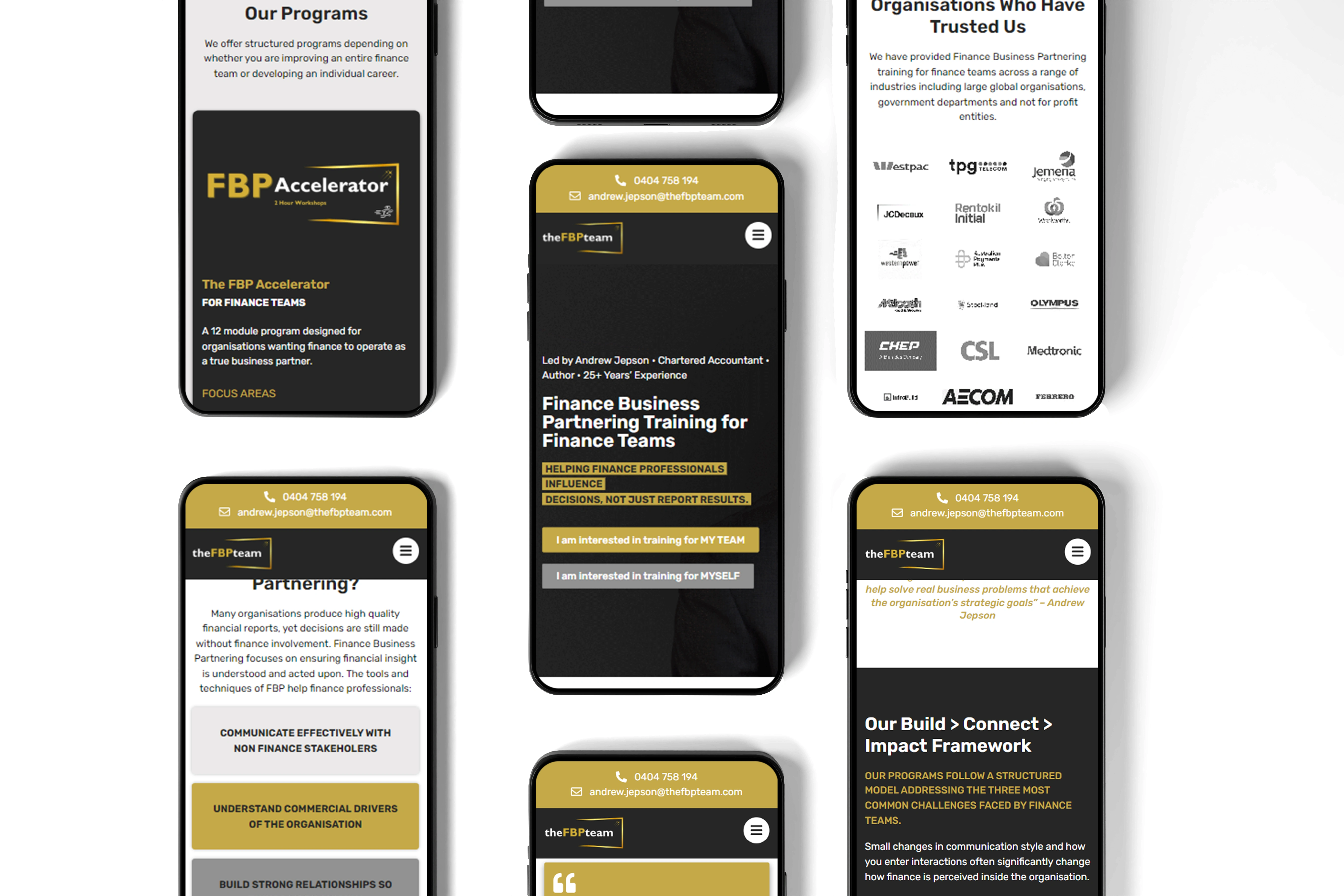 Mobile screens showing The FBP Team finance training program with gold headers and program details on dark backgrounds.