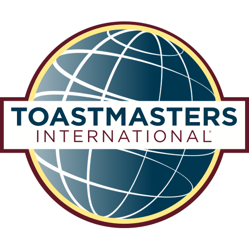 Toastmasters International logo: blue globe with white lines, gold rim, and a white banner reading 'TOASTMASTERS INTERNATIONAL' across the center.
