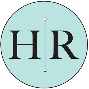Circular teal logo with large black 'HR' letters split by a vertical resize handle in the center.