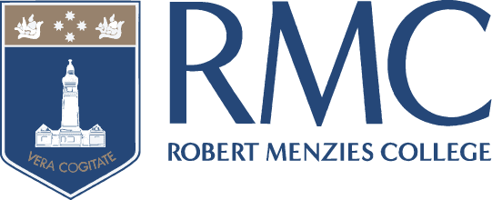 Robert Menzies College logo: a blue shield crest with a tower and the motto 'Vera Cogitate', next to large 'RMC' and the text 'Robert Menzies College'
