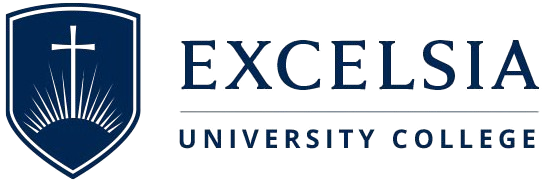 Logo of Excelsia University College: blue shield with a cross and radiant rays, next to the text 'EXCELSIA UNIVERSITY COLLEGE'.