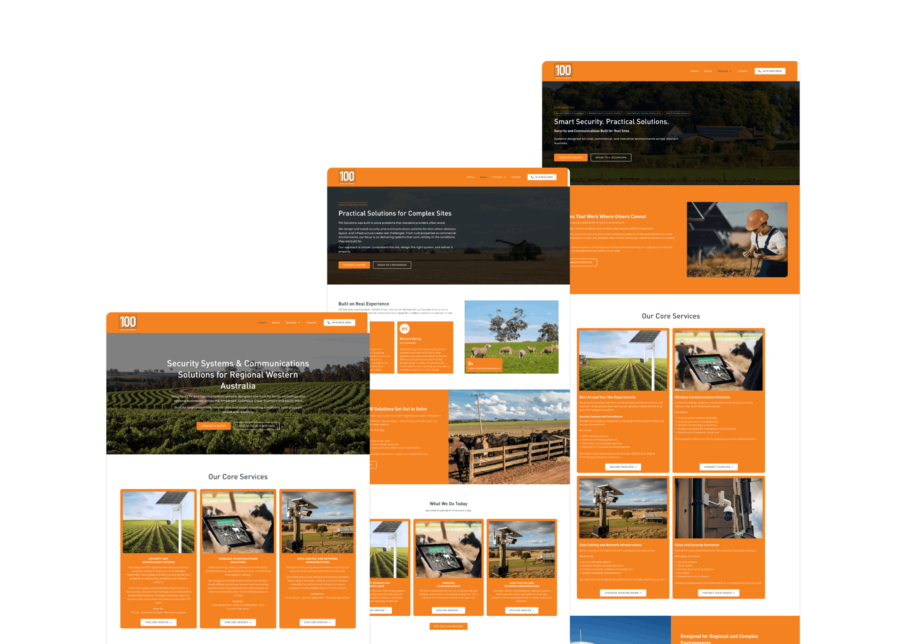 Collage of 100 Solutions website screenshots with orange header branding and service sections
