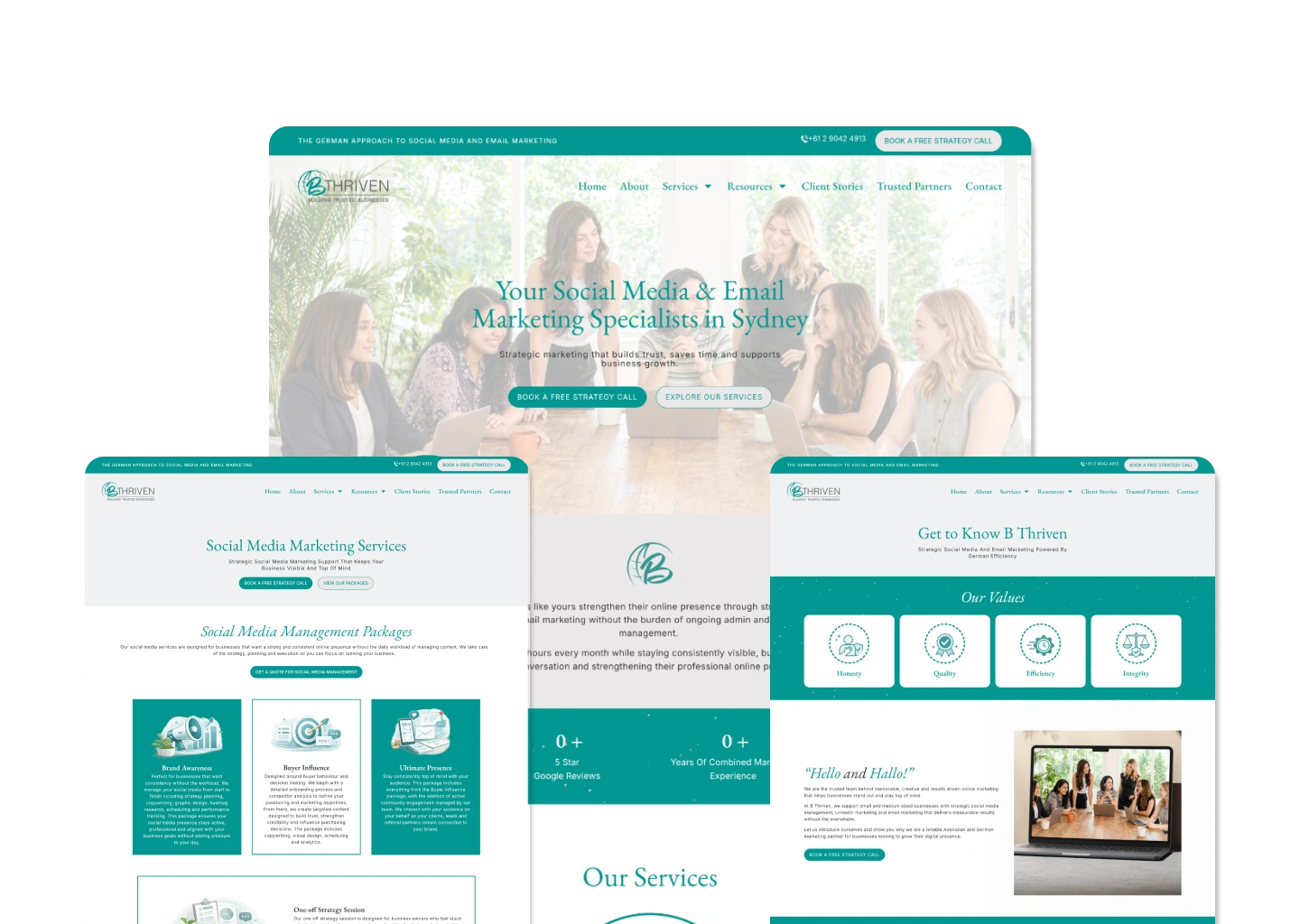 Website design mockup: three teal-and-white marketing agency layouts shown as responsive screens.