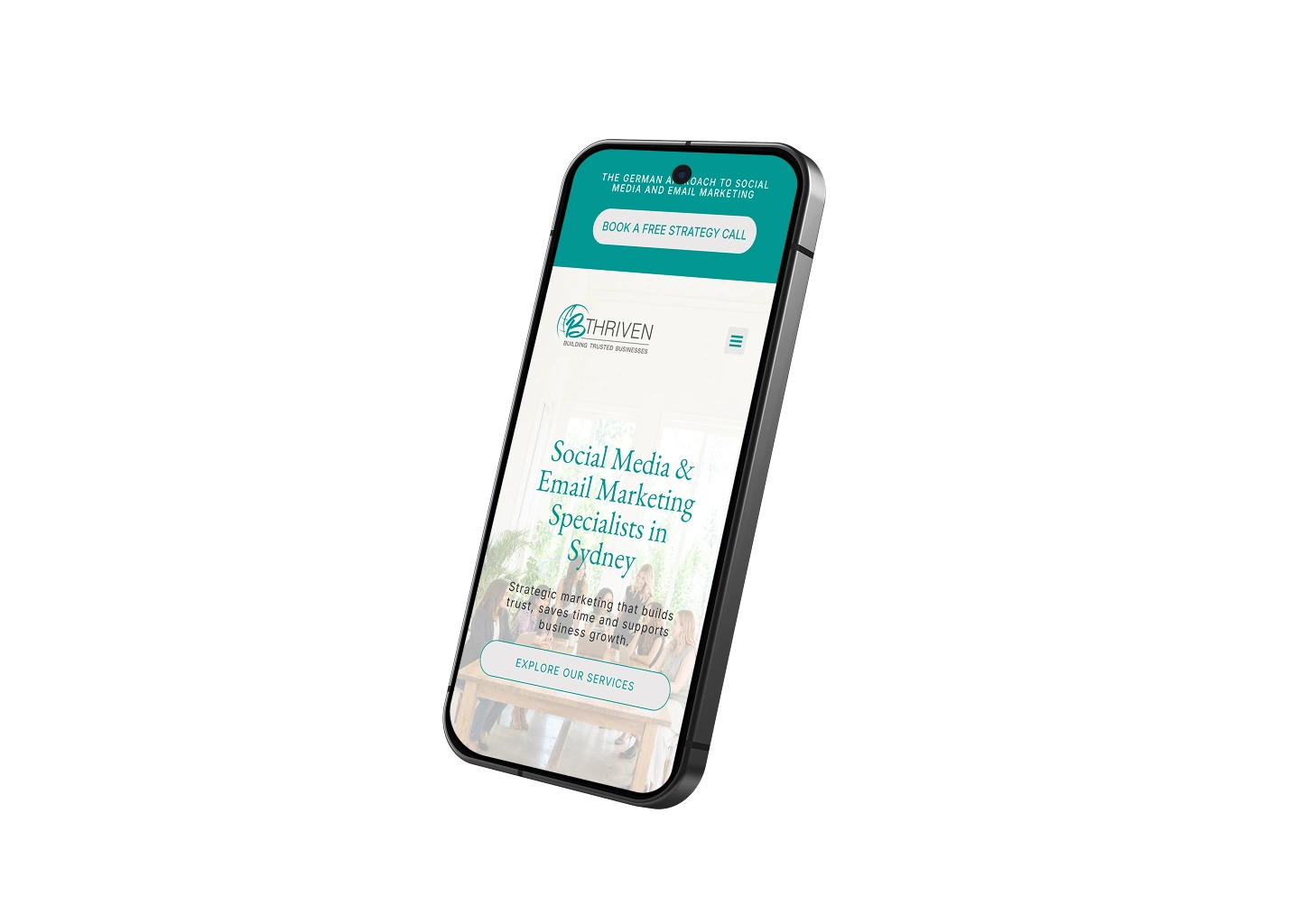 Tilted smartphone displaying a teal-themed marketing agency website offering social media and email marketing services in Sydney, with a prominent 'Explore our services' button.