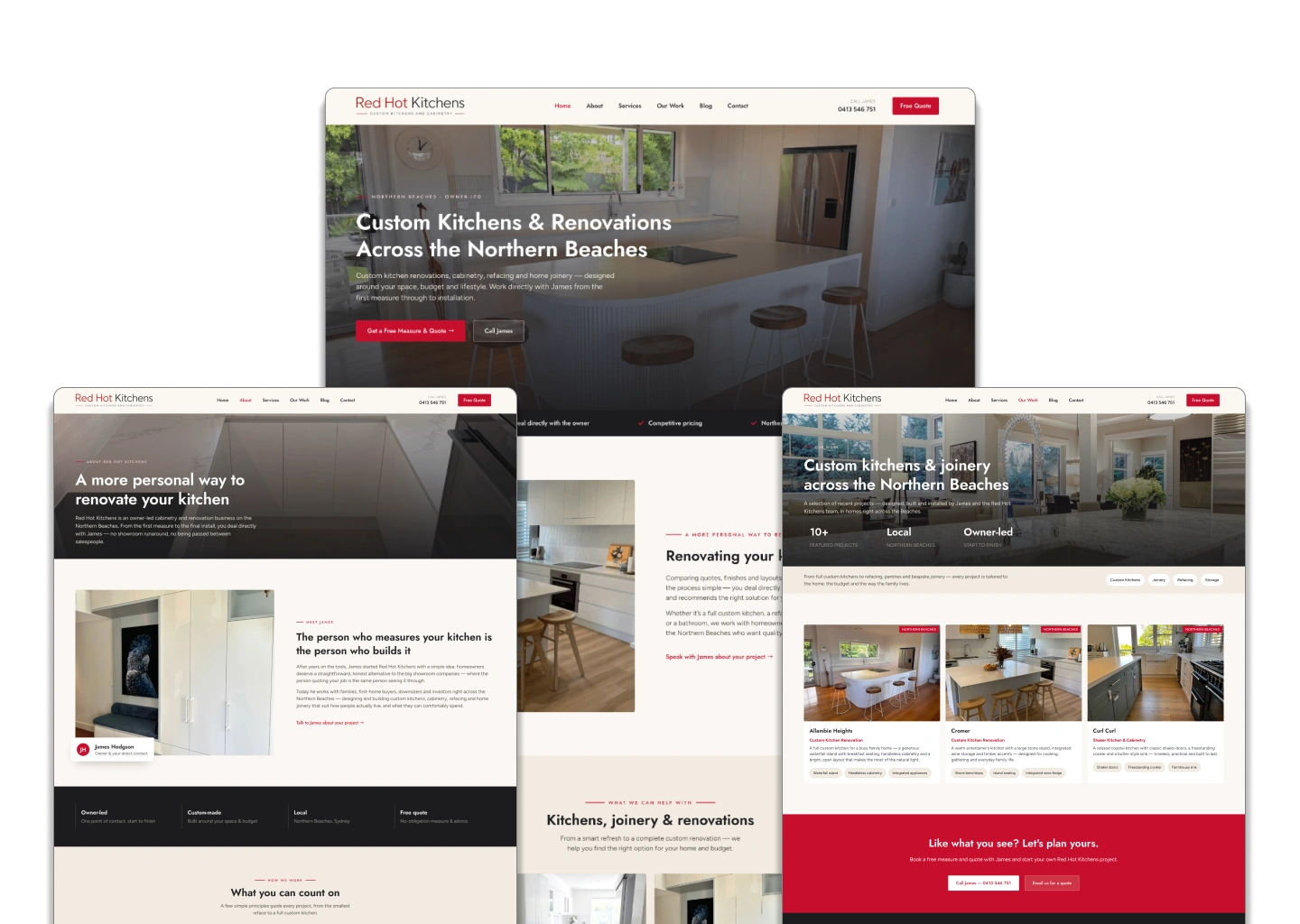 Collage of three webpage screenshots for Red Hot Kitchens showing a modern kitchen renovation site across desktop and tablet layouts.