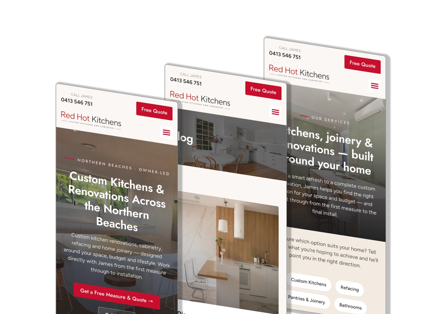 Triptych of overlapping device screenshots for Red Hot Kitchens, showcasing a kitchen renovations landing page with a Free Quote button.