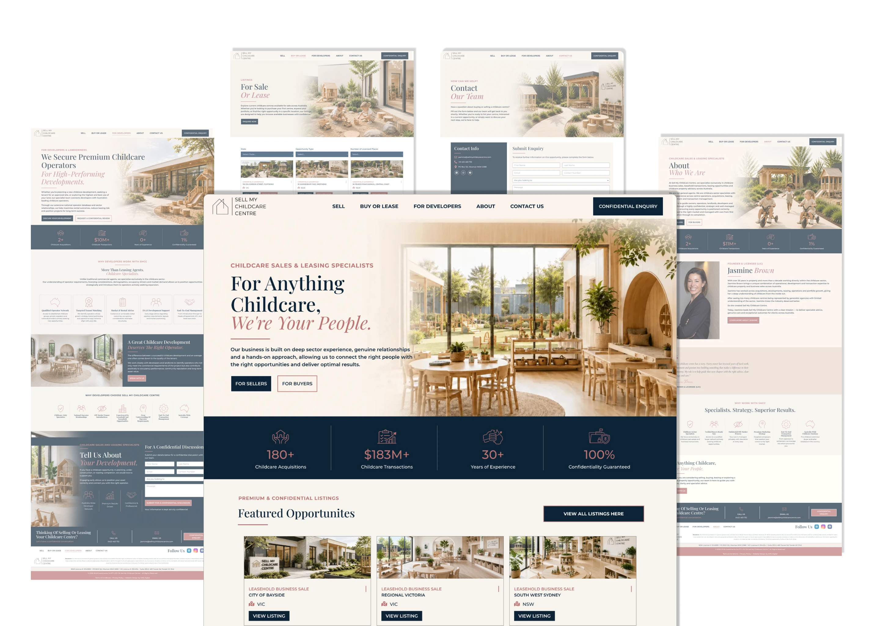 Collage of webpage screenshots for a childcare centre sales and leasing site, showing hero images, menus, and listings with kids at play.