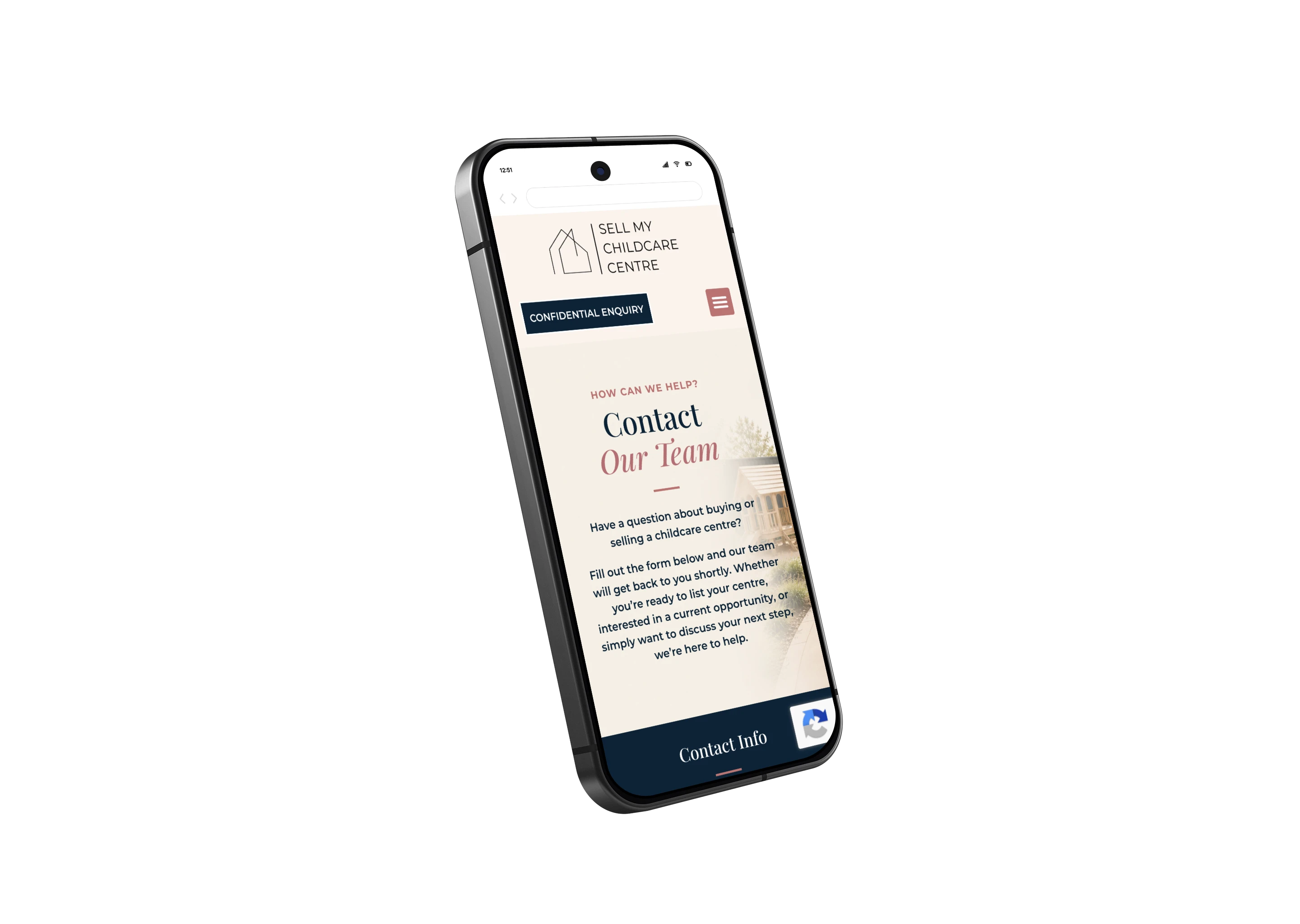 Tilted smartphone showing a childcare centre contact page with a 'Confidential Enquiry' banner and 'Contact Our Team' section.