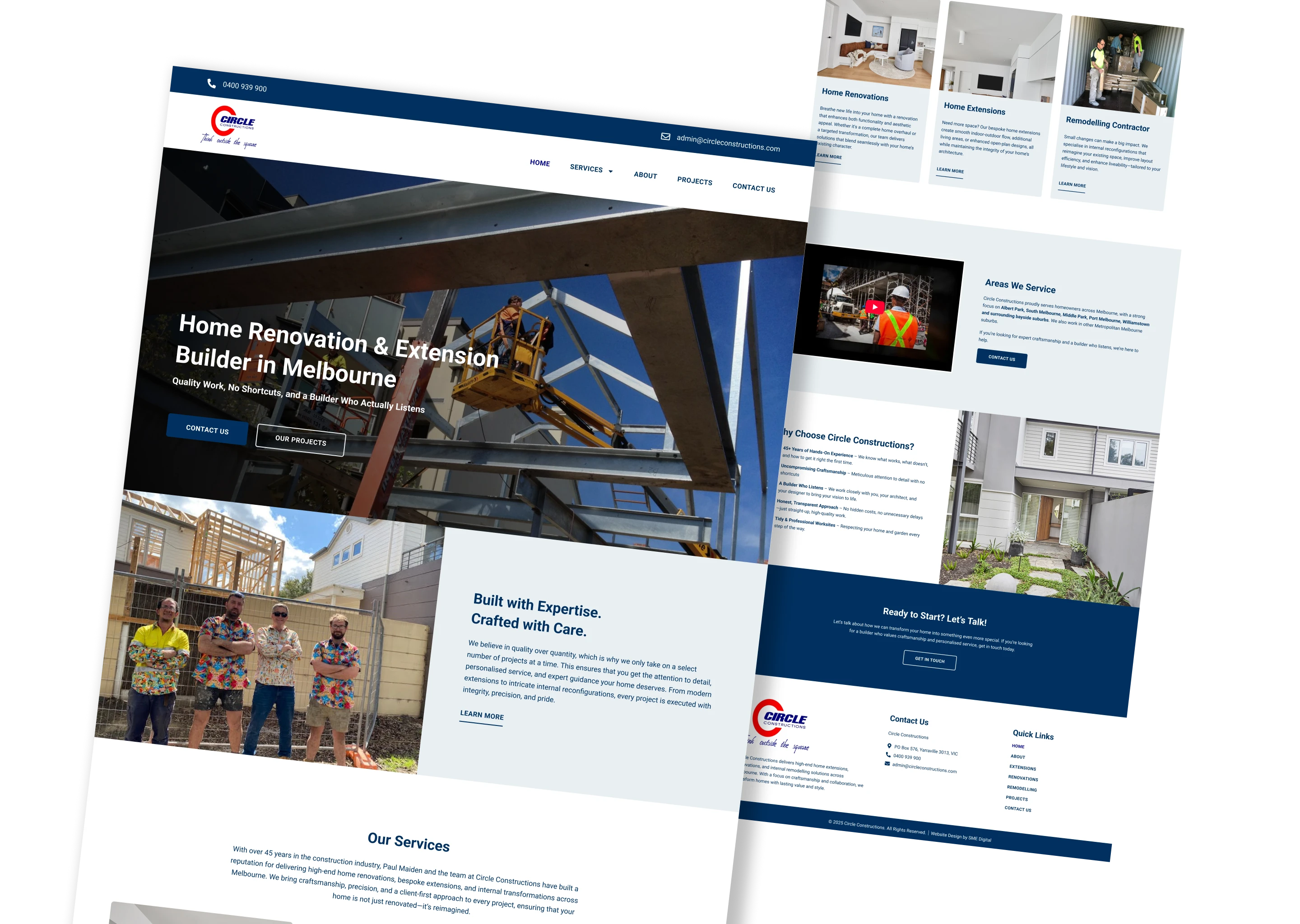 Circle Constructions website screenshot with services, contact, team photo, projects, blue-white theme. SEO Chatswood.