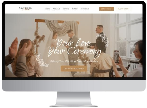 Wedding service site hero: couple exchanging vows with guests watching; overlay text 'Your Love, Your Ceremony' and button 'Let's Get You Wed'.